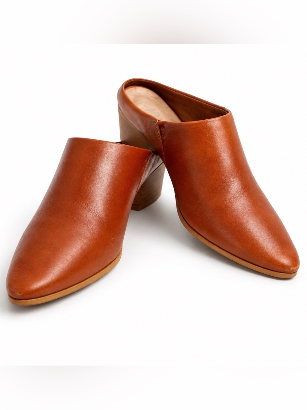 Vaneli Leather Mule Heels 7.5 Cognac Brown Slip On Block Heel Closed Toe Slides
